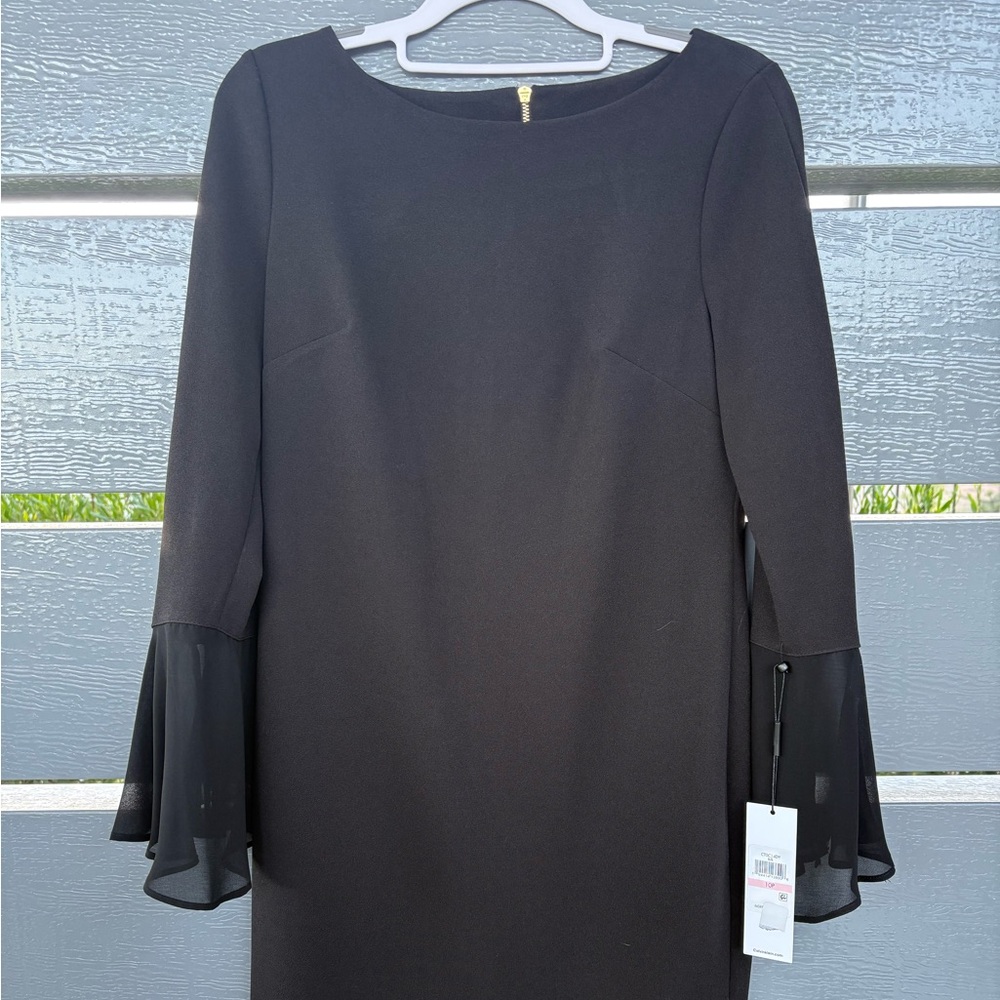 Calvin Klein Black Dress with Sheer Bell Sleeves